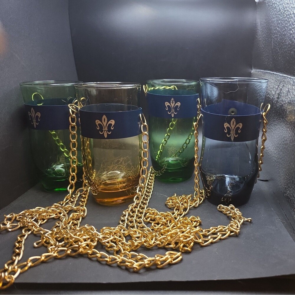 4 Vintage 1970’s The Chain Drinking Glass Retro Party Necklace Novelty Cup Glass